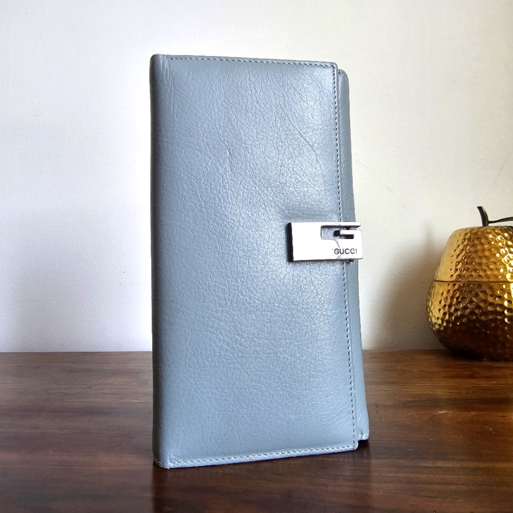 Gucci Gray Leather Continental Wallet Silver G Clasp Long Organizer